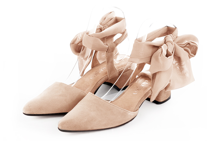 Powder pink women's open back shoes, with an ankle scarf. Tapered toe. Low flare heels. Front view - Florence KOOIJMAN